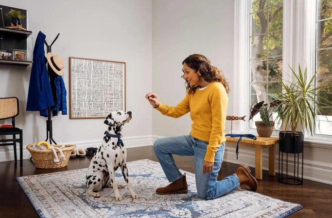 Woman kneeling indoors training a Dalmatian dog to sit with a treat in her hand, in a brightly lit domestic interior setting.