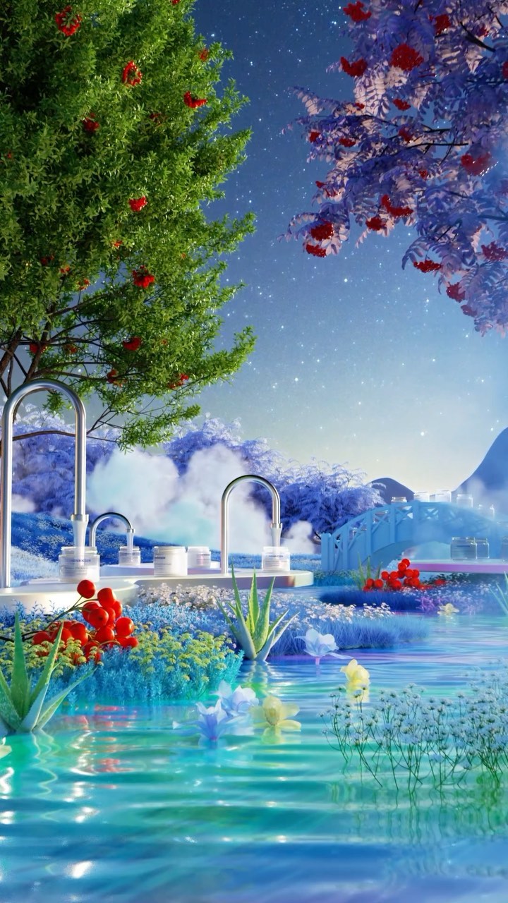 Fantasy landscape with trees, water, a white architectural structure, and red flowers, all rendered in soft, dreamy hues.