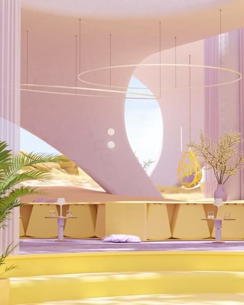 Pastel-coloured interior with architectural design, desert view, a hanging chair, lamps, decorative plants, and soft, diffused lighting.