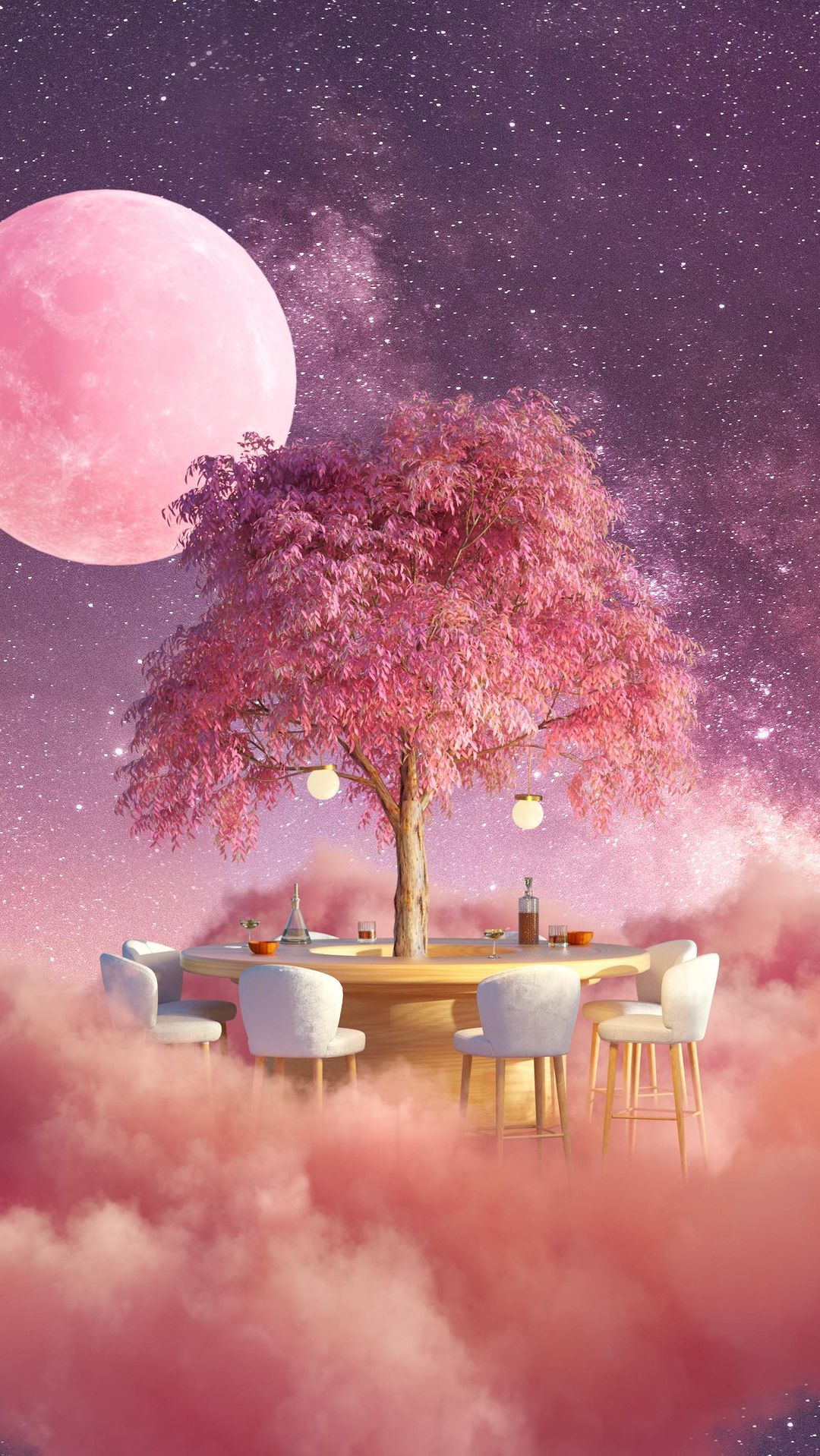 Dreamy surreal scene with a dining table and chairs on a cloud island under a pink tree, a moon, and a starry purple sky.