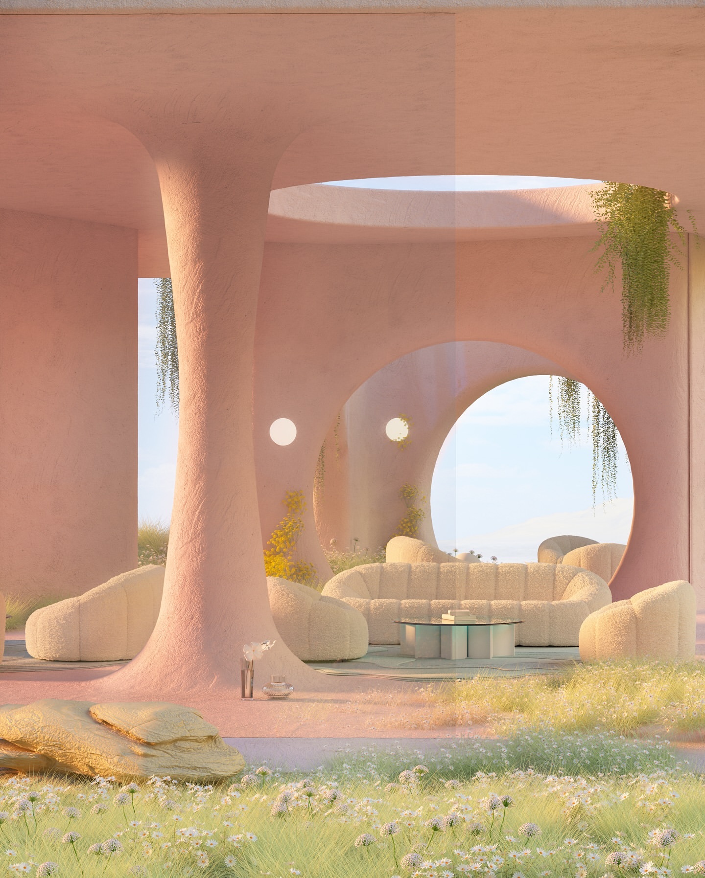 Indoor shot of a peach-toned, rounded interior with white furniture, a glass table, and an outdoor view with white flowers.