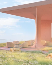 CGI exterior architectural rendering of a modern pink concrete pavilion with lounge chairs overlooking a serene coastal landscape.