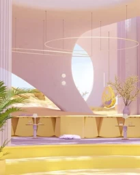 Surreal interior architectural space in pastel pink and yellow with floating ring lights and a hanging gold chair by Jenny Jiang