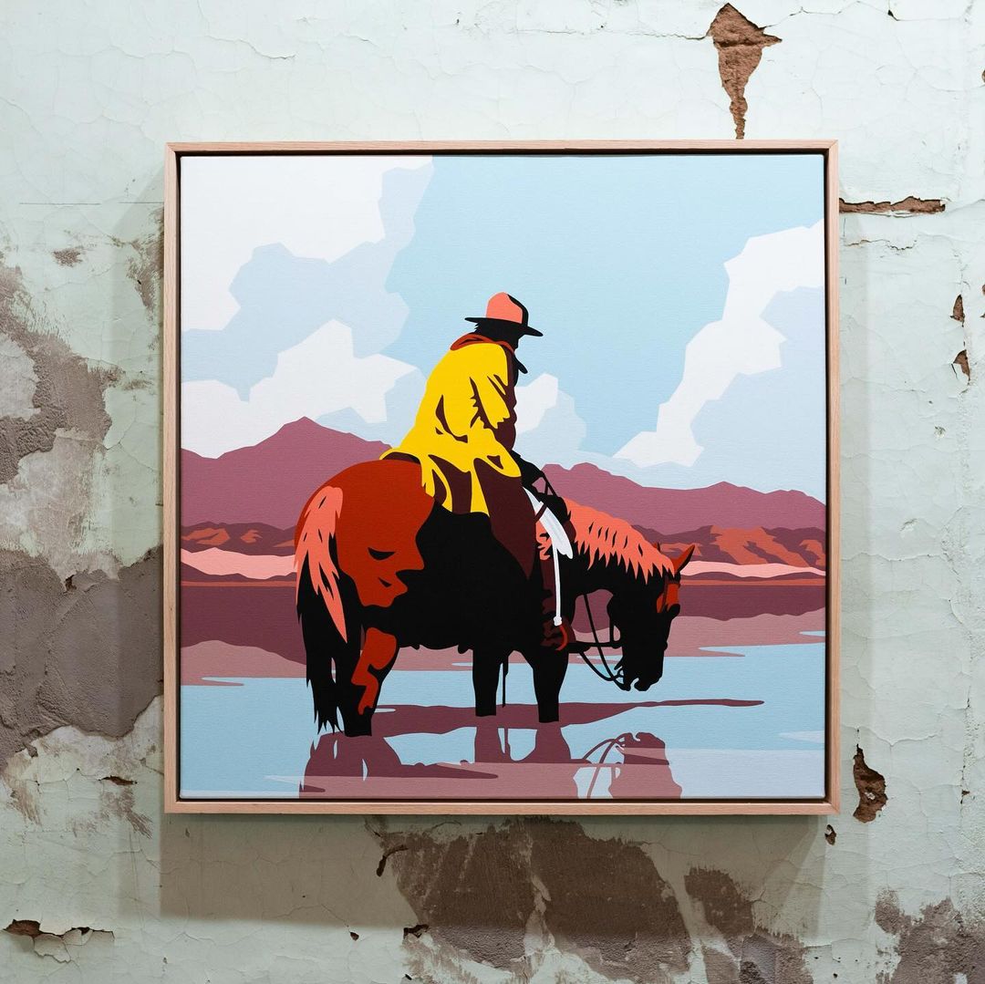 Illustration of a person riding a horse through shallow water, depicted in a flat, graphic style with mountainous landscape background.