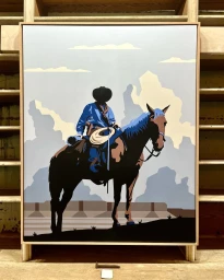 Framed vector illustration of a cowboy on a horse against a stylized desert landscape by Jeremy Booth