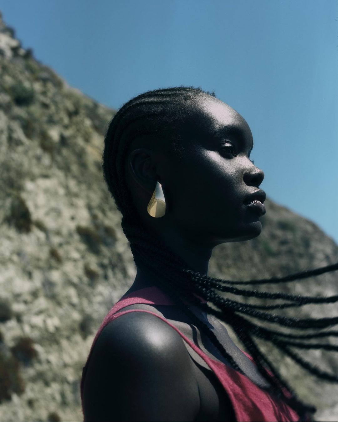 Portrait of a woman with dark skin and braided hair wearing gold earrings, set against a mountain backdrop under a clear blue sky.