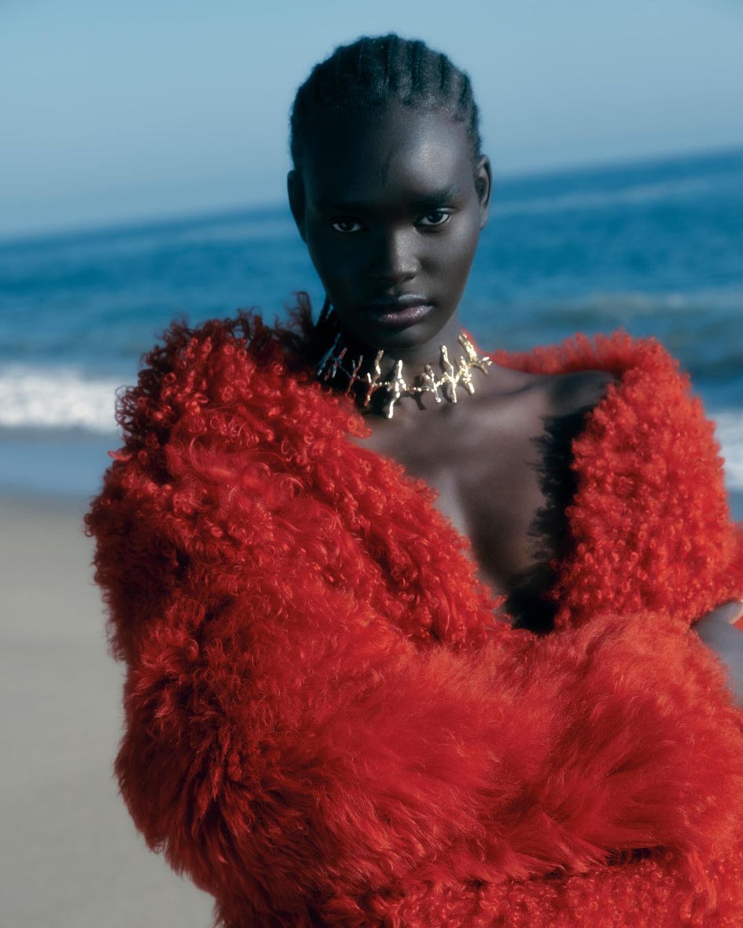 Close-up of a dark-skinned woman with braids wearing a red fuzzy coat and a gold necklace against a beach and ocean background.