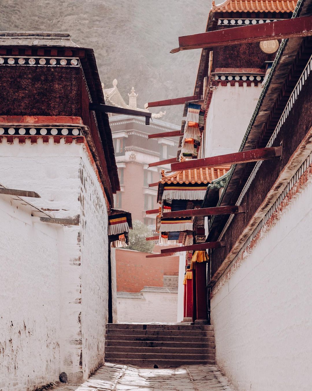 Narrow street view of traditional buildings with intricate architectural details, stone steps, and muted color palette, creating a serene atmosphere.