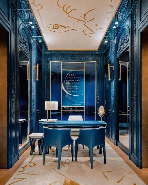 Sophisticated interior with teal walls, custom millwork, gold accents, modern blue chairs, and decorative ceiling art in neutral colors.