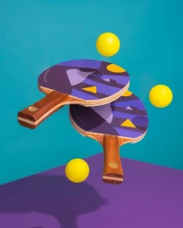 Two illustrated ping pong paddles and three yellow balls floating against a split turquoise and purple background.