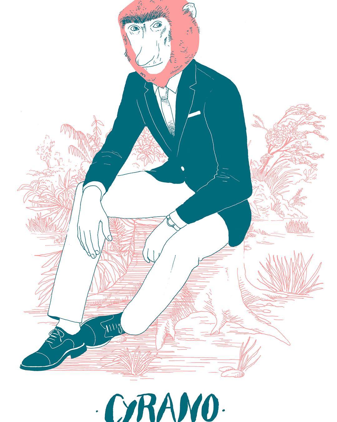Illustration of a primate in a suit and tie, sitting on a tree stump in a botanical setting with CYRANO text at the bottom.