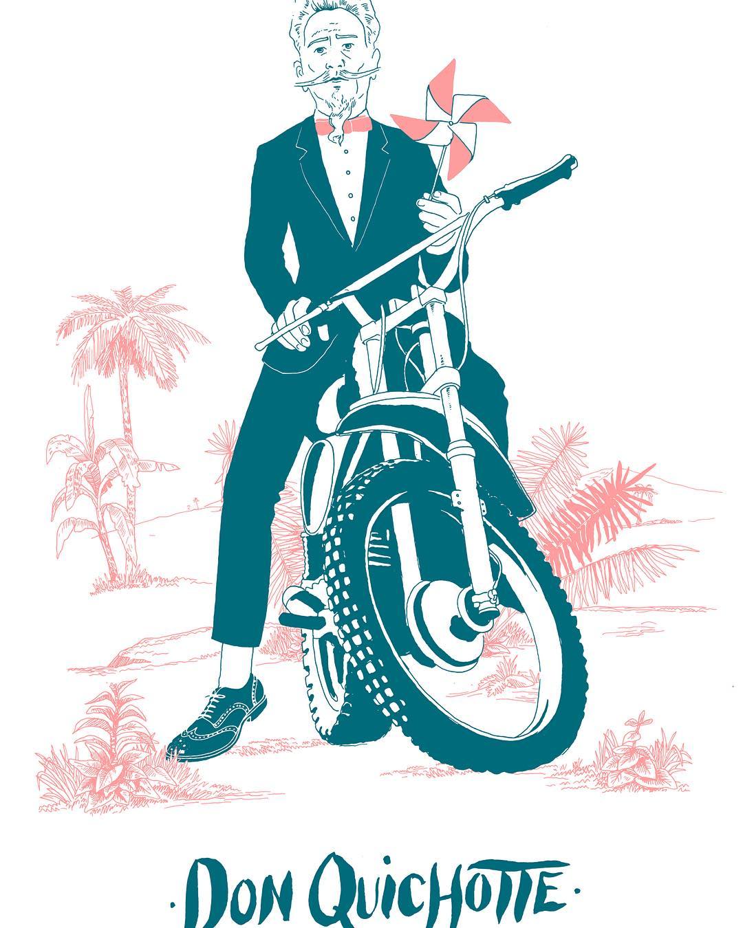 Illustration of a man in a suit on a motorcycle holding a pinwheel, set against a backdrop of palm trees and the text 'Don Quichotte'.