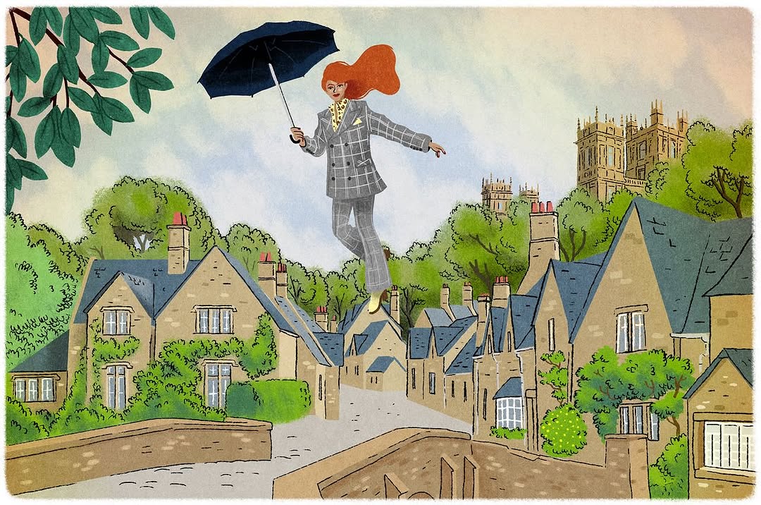 Illustration of a red-haired woman in a grey suit floating with an umbrella above a town, under a partly cloudy sky.