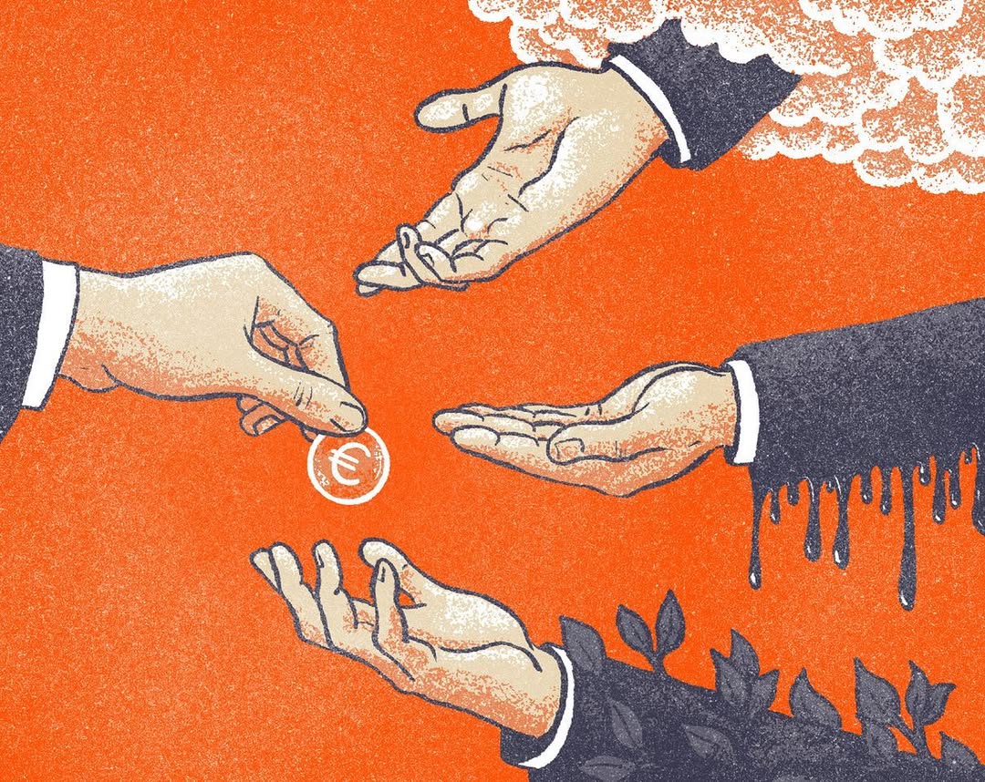 Illustration depicting financial transactions with disembodied hands, currency, and symbolic elements against a textured orange backdrop.
