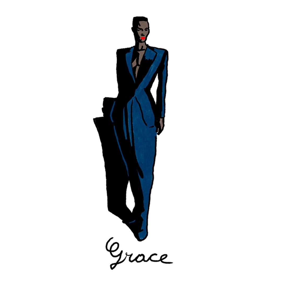 Illustration of a slender, dark-skinned woman in a blue suit with red lipstick, set against a bright white background with script.