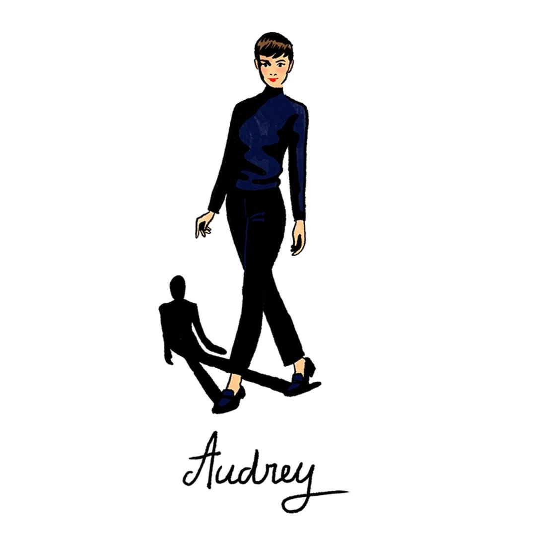 Illustration of an adult female in black turtleneck and pants walking, with a shadow of a man cast on the ground. Signature below.