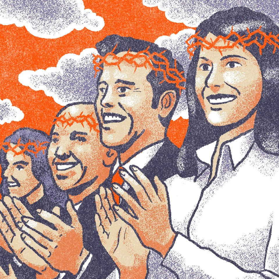 Illustration of four smiling business people wearing symbolic crowns, applauding in front of an orange and gray cloudy background.