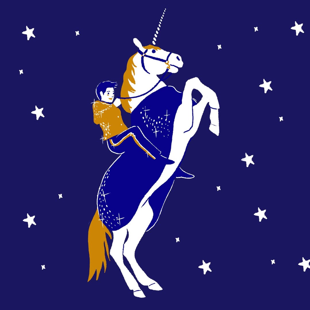 Illustration of a child riding a rearing unicorn set against a dark blue night sky sprinkled with white stars. Children's book style.