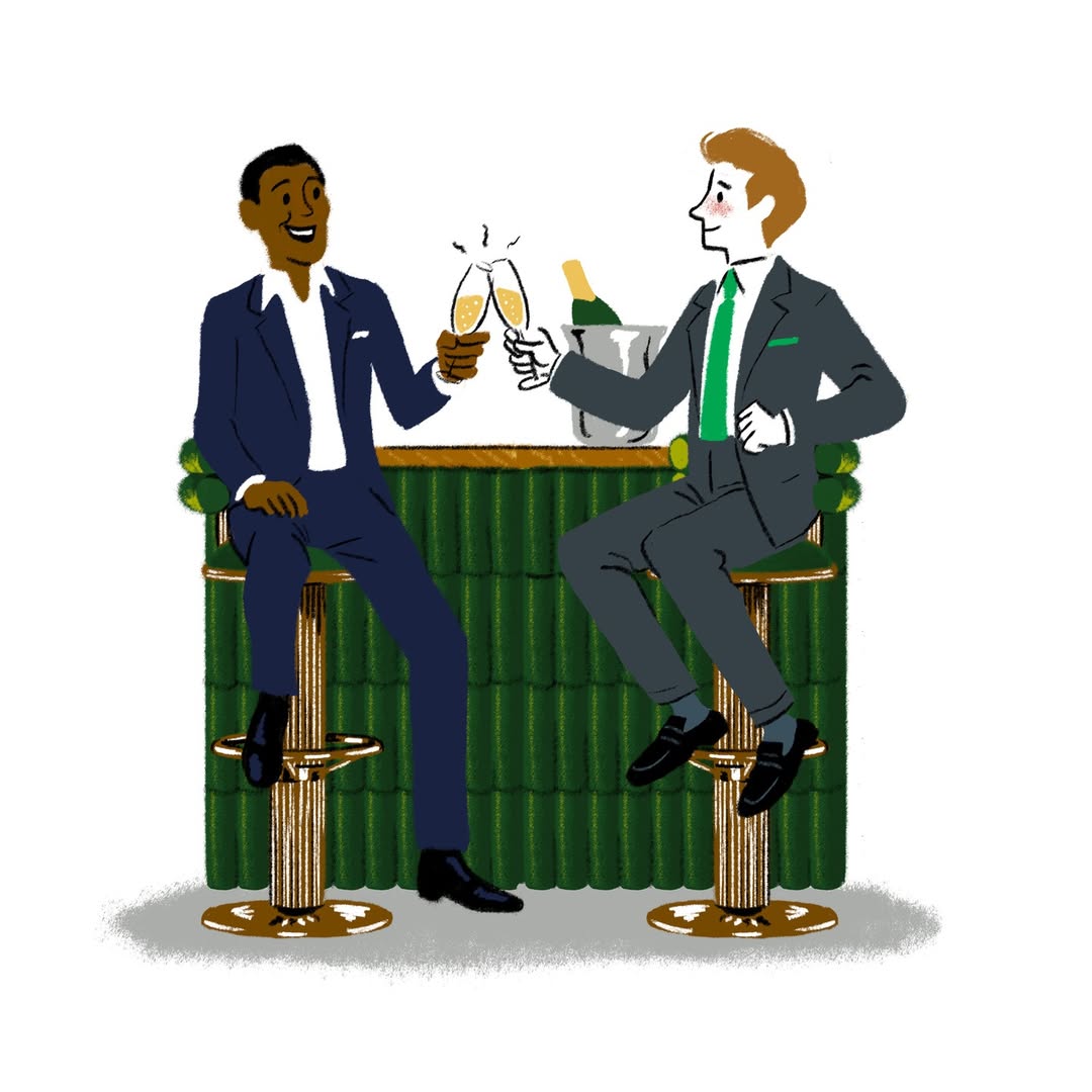 Illustration of two men in suits toasting with champagne at a bar. An African American man sits next to a fair-skinned man with ginger hair.