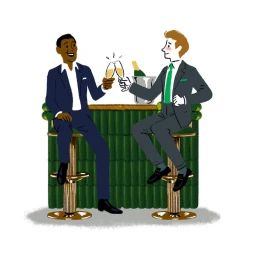 Illustration by Jérôme Meyer-bisch of two men in suits toasting with champagne glasses at a bar counter
