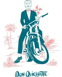 Illustration by Jerome Meyer-Bisch featuring a man in a tuxedo holding a pinwheel while seated on a motorcycle