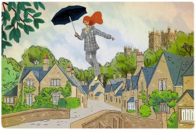 Illustration by Jérôme Meyer-bisch of a red-haired woman floating above a village holding a black umbrella