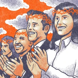 Illustration by Jérôme Meyer-bisch of four smiling people wearing crowns of thorns against an orange sky with clouds