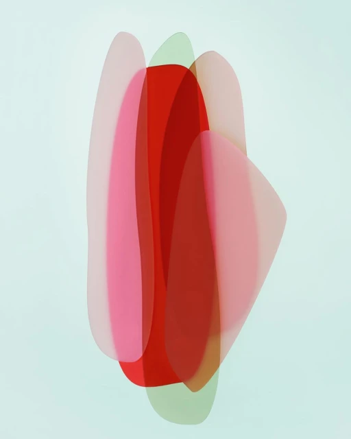 Abstract art featuring overlapping translucent shapes in shades of red, pink, and green against a pale blue background, creating a soft, layered effect.