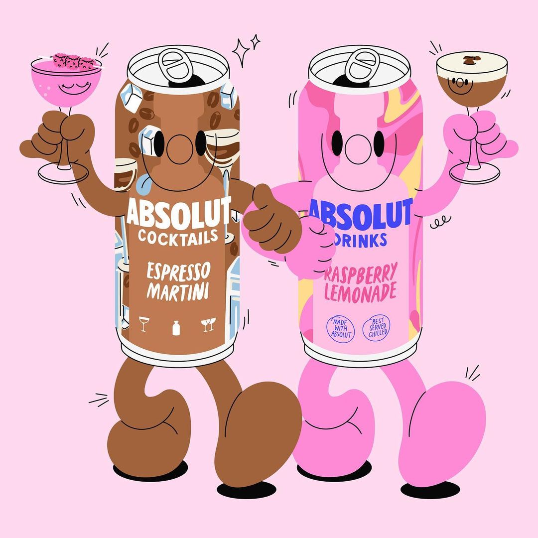 Whimsical animation of two Absolut cocktail cans with arms and legs, one brown holding a martini and the other pink holding a drink.