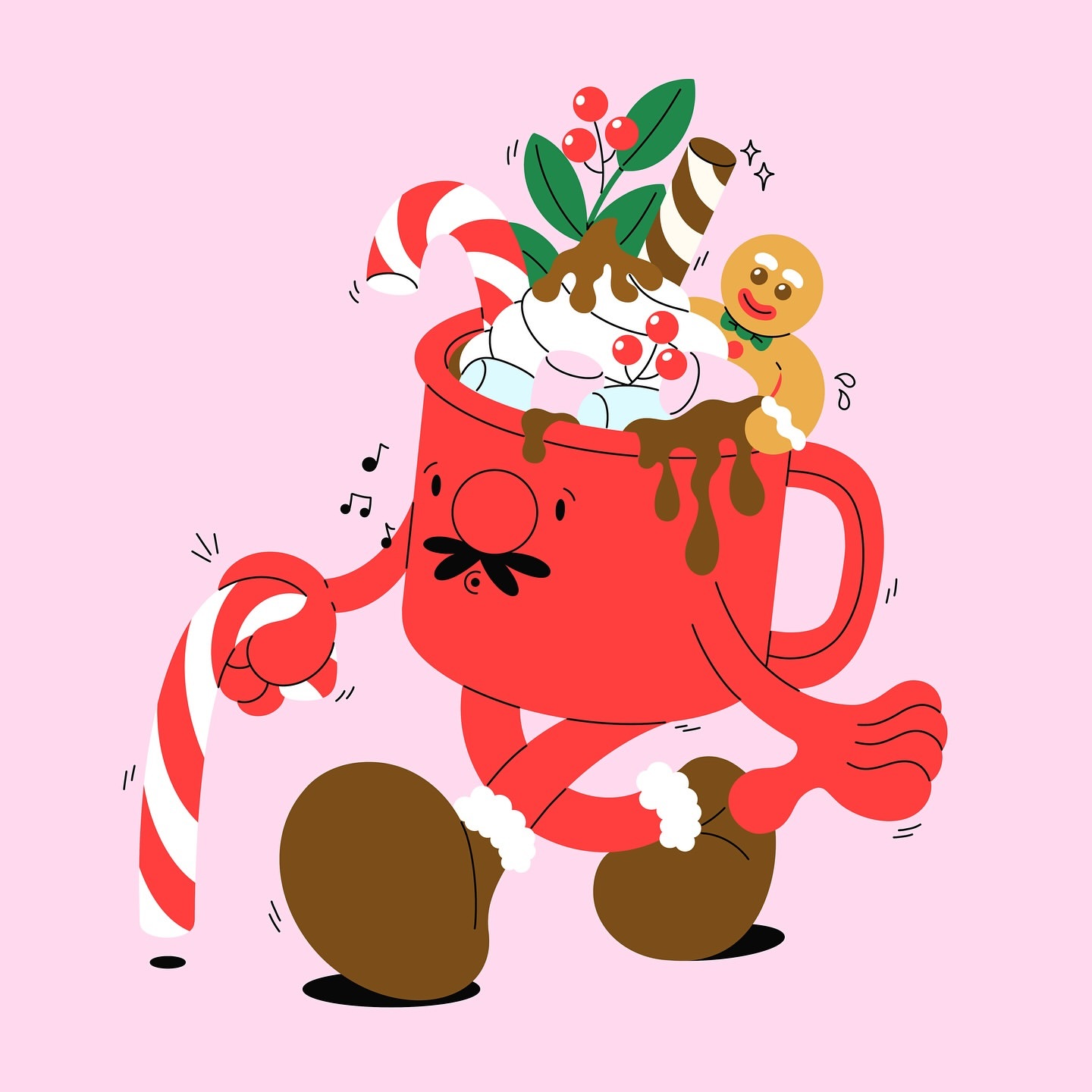 Festive cartoon illustration: A red mug character with a gingerbread man, candy canes, and marshmallow hot chocolate.