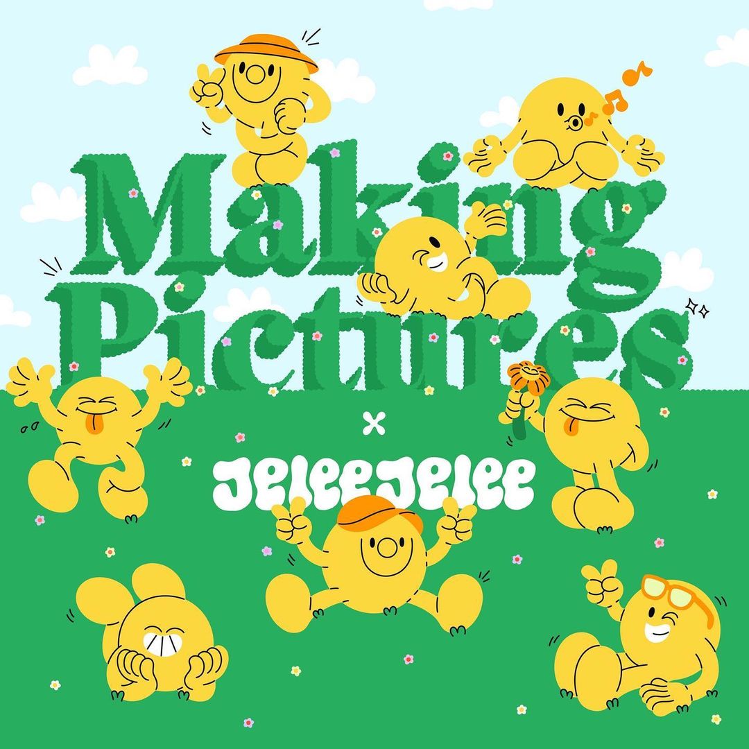 Illustration of yellow cartoon characters in a grassy field with blue sky and clouds, with text 'Making Pictures' and 'jeleejelee'.