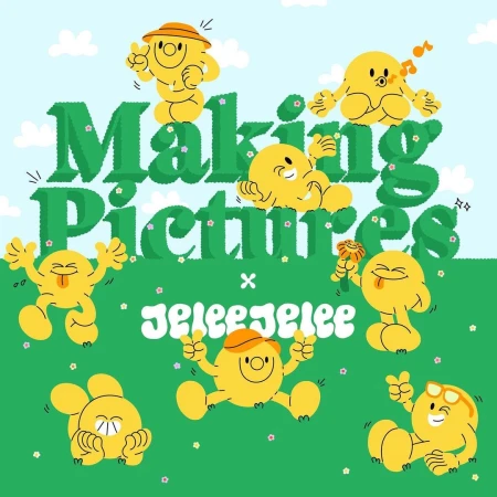 Illustration of yellow cartoon characters in a grassy field with blue sky and clouds, with text 'Making Pictures' and 'jeleejelee'.