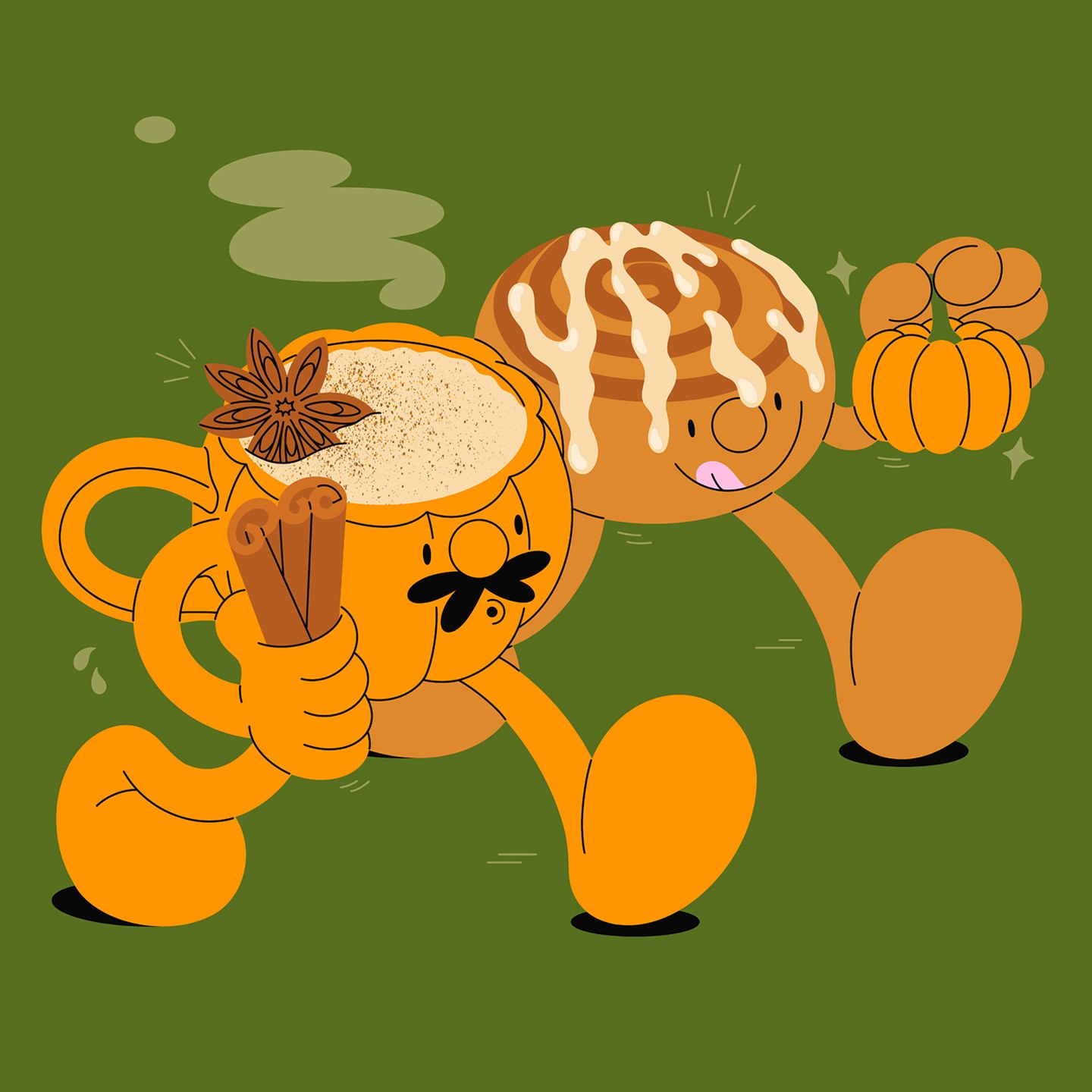 Animated pumpkin spice latte character with cinnamon sticks and star anise walks alongside a cinnamon roll with a pumpkin.
