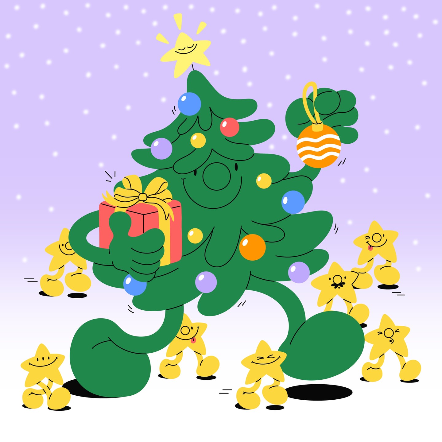 Cartoon Christmas tree character holding a gift and ornament surrounded by star characters on a light purple and white snowy background.