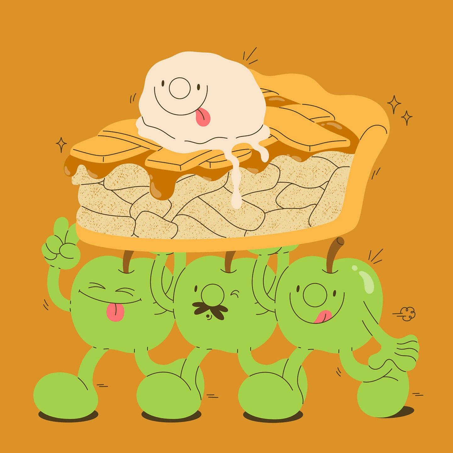 Whimsical illustration of three cartoon apples supporting a slice of apple pie topped with vanilla ice cream against an orange background.