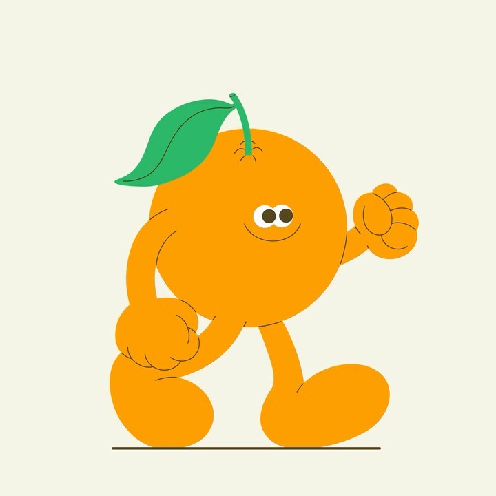 Walking orange cartoon character with a leaf on top, simple background, orange fruit with cartoon face and limbs, green leaf.