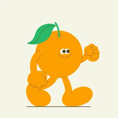 Walking orange cartoon character with a leaf on top, simple background, orange fruit with cartoon face and limbs, green leaf.