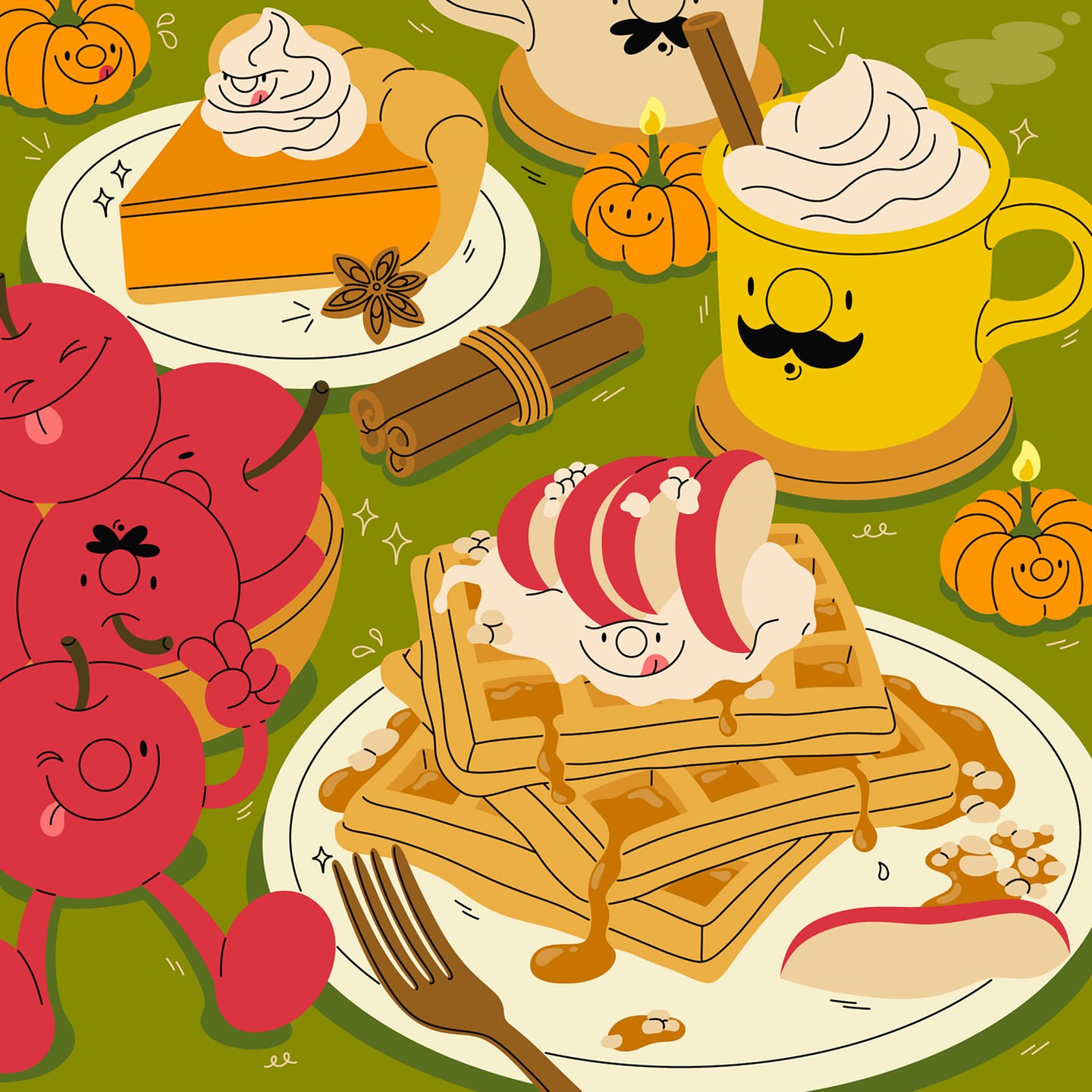 Whimsical cartoon illustration of a stack of waffles, pumpkin pie, apples, and a mug, arranged on a green background.