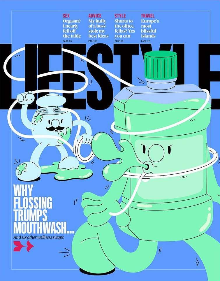 Cartoon magazine cover featuring anthropomorphic mouthwash and floss characters on blue background, promoting dental hygiene habits.