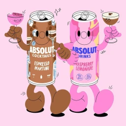 Two animated beverage cans with arms and legs holding glasses against a light pink background