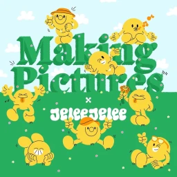 Playful yellow cartoon characters and bold green typography against a bright blue sky background.