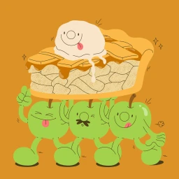 Playful digital illustration of three green cartoon apples carrying a large slice of apple pie with melting ice cream.