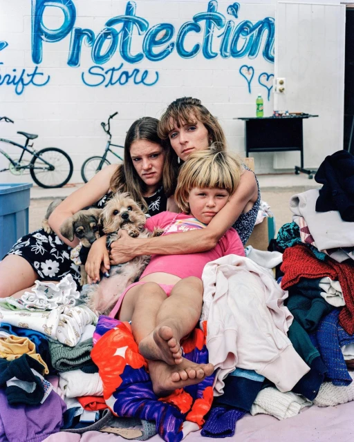 Three people and two dogs pose together, surrounded by clothes, in front of a building marked 'Protection Thrift Store'.