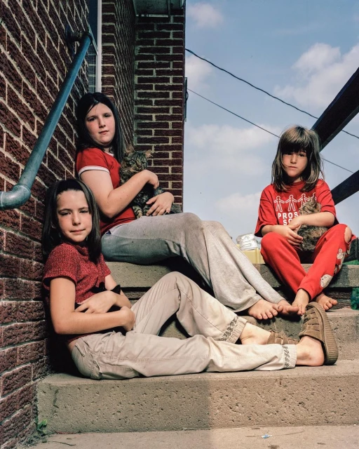 Three girls and two cats sit on concrete steps outside. The girls wear red shirts, while the cats have tabby markings.