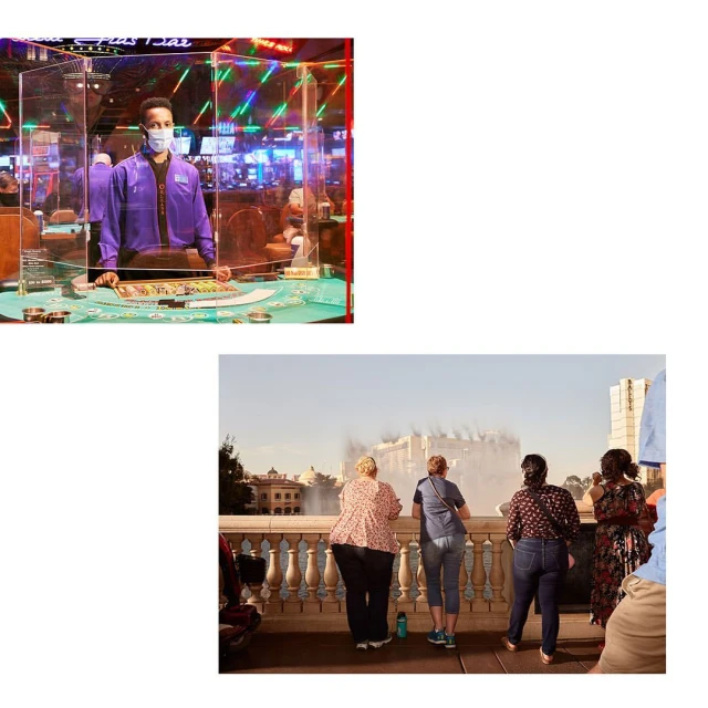 People at casino gaming table with protective barrier, plus group looking at outdoor fountain in bright daylight, back view.
