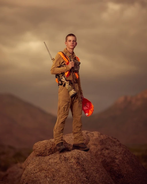 Young hunter in outdoor gear stands on a rock against a mountain backdrop, wearing an orange safety vest and holding a rifle.