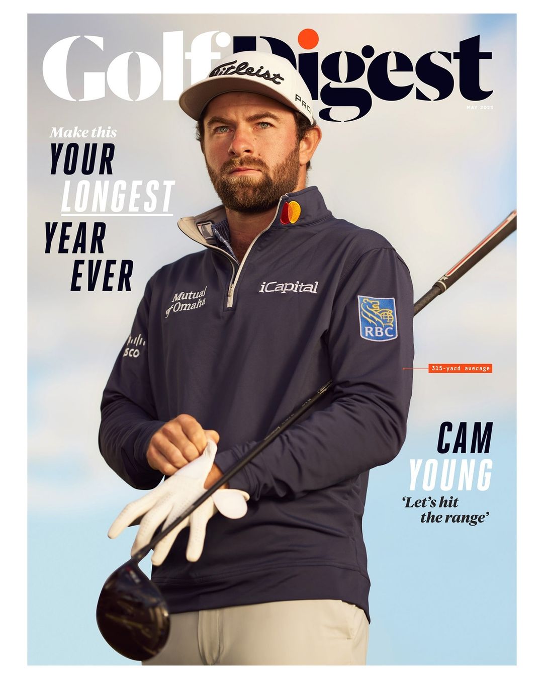 Golf Digest magazine cover featuring Cam Young. He is wearing a golf hat and jacket, holding a golf club and glove with a sky background.