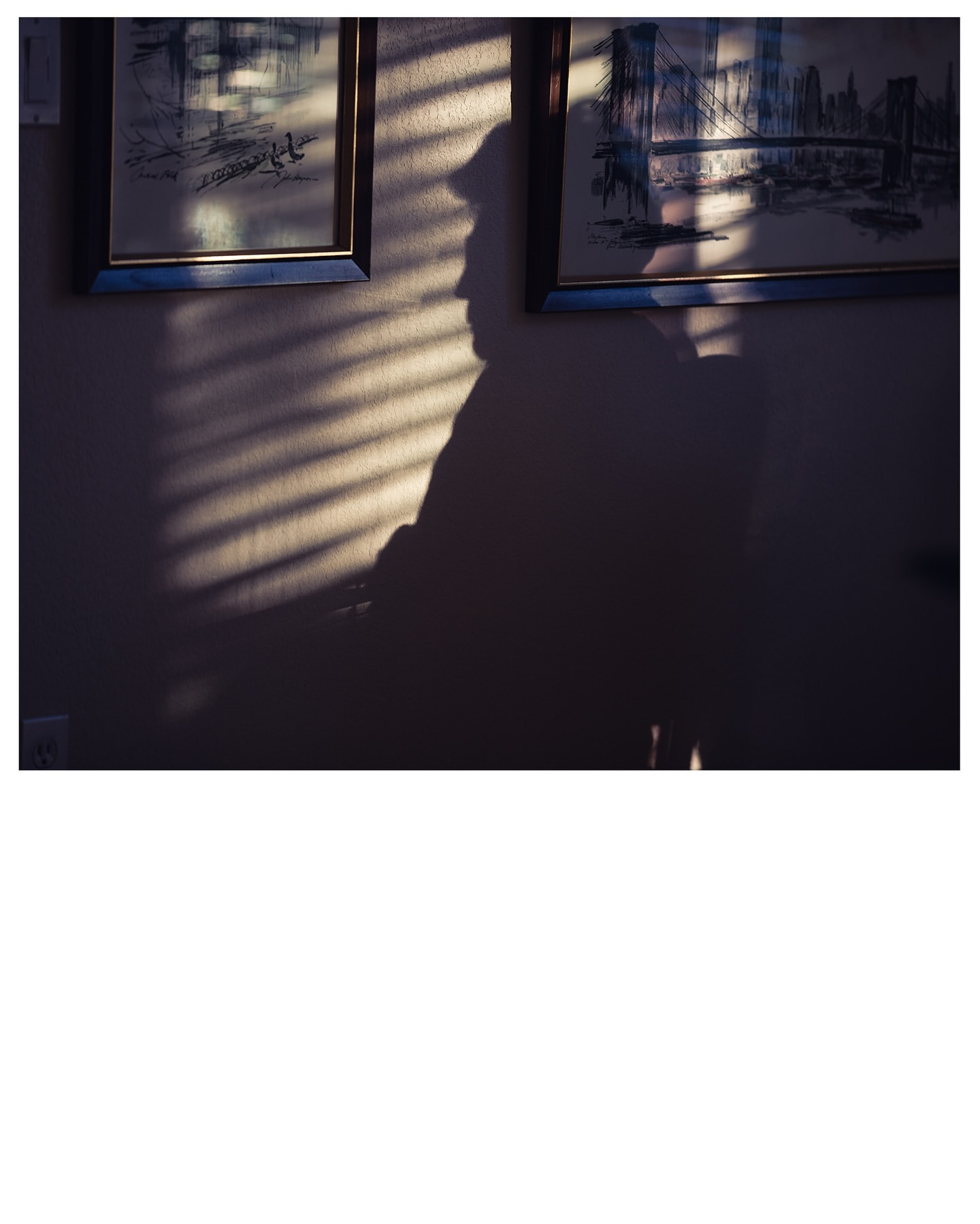 Shadow of a person on the wall next to framed wall art, illuminated by sunlight through window blinds casting bright lines.