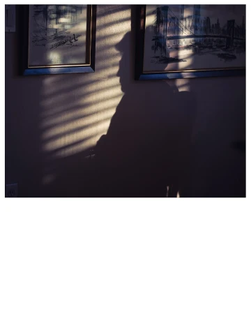 Shadow of a person on the wall next to framed wall art, illuminated by sunlight through window blinds casting bright lines.