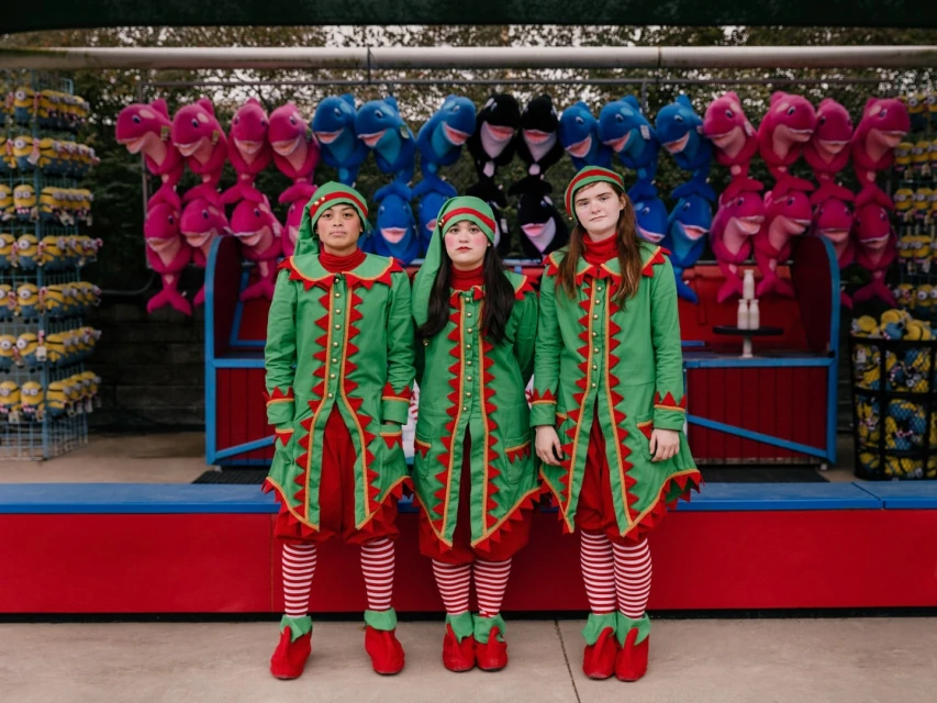 Three people in elf costumes standing in front of a fair booth display with stuffed animal prizes in pink, blue, and yellow.